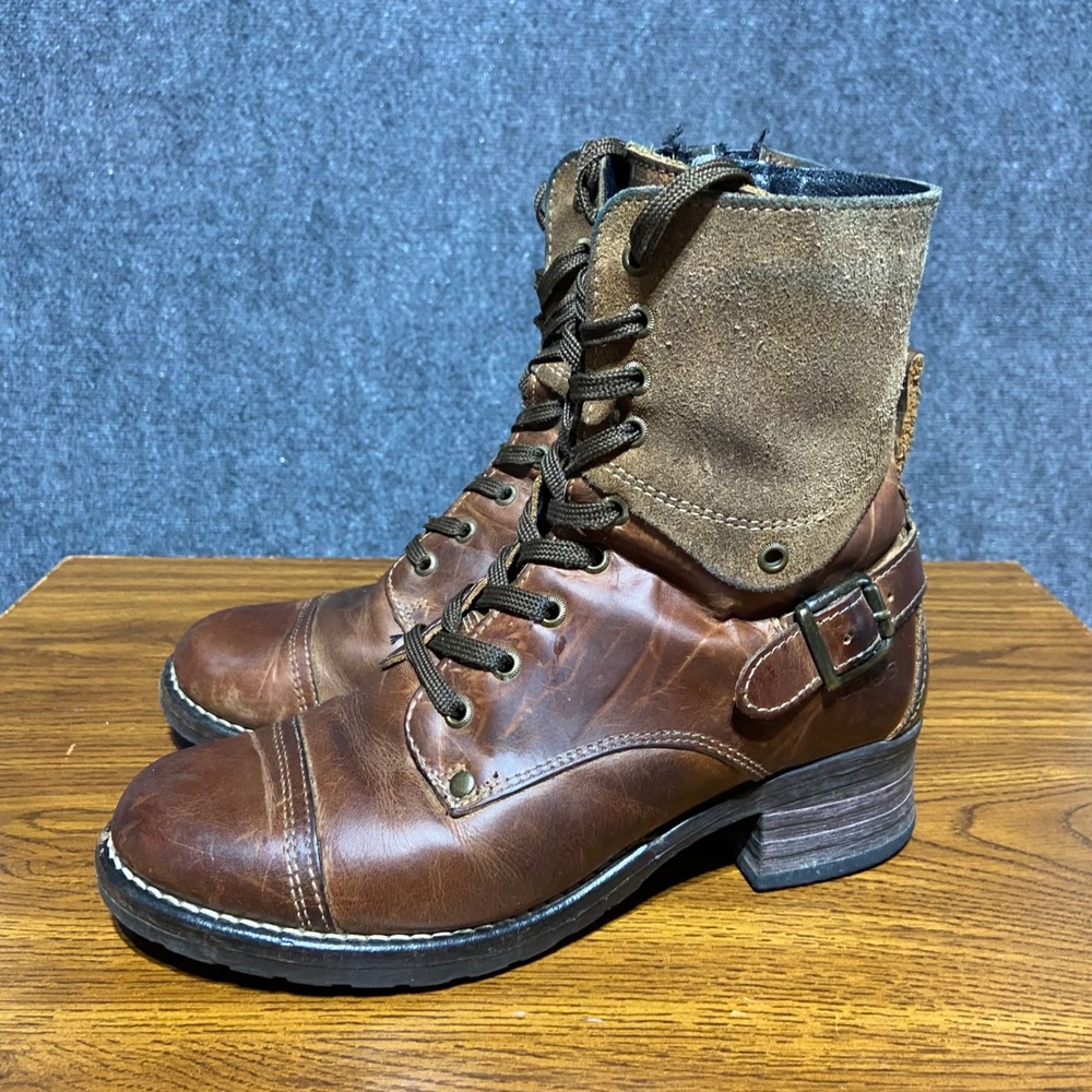 Taos Crave Brown Rugged Leather‎ Suede Lace Up Combat Boots Side Zip 38 7-7.5